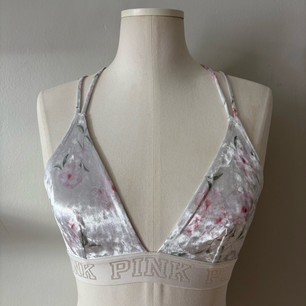 PINK by Victoria’s Secret Velour Floral Racerback Bra XS White Pink - Picture 3 of 10